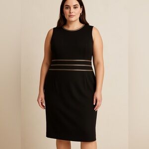 Lauren Ralph Lauren Black Sheath Midi Dress 14 Leather Trim Striped Waist